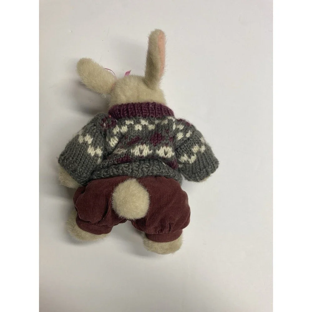 Beige & Gray Rabbit Plush Stuffed Animal Knit Sweater, Brown Pants & Pink Ribbon
